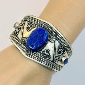 Lapis Cuff, Kuchi, Afghan, Silver Bracelet, Vintage, Turkmen, Middle Eastern